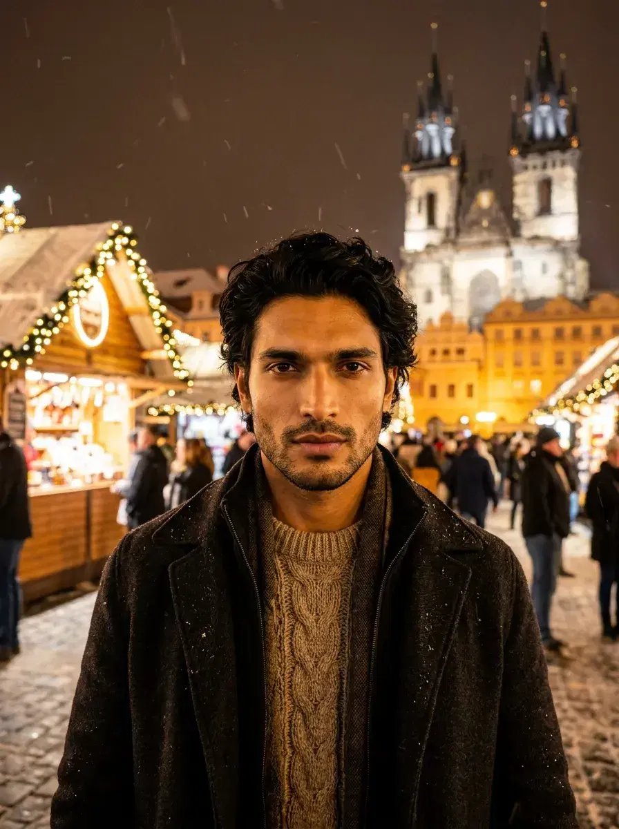 AI AI Europe Travel Photos — Instant Wanderlust — Person at Prague Christmas market, AI Europe winter travel photo
