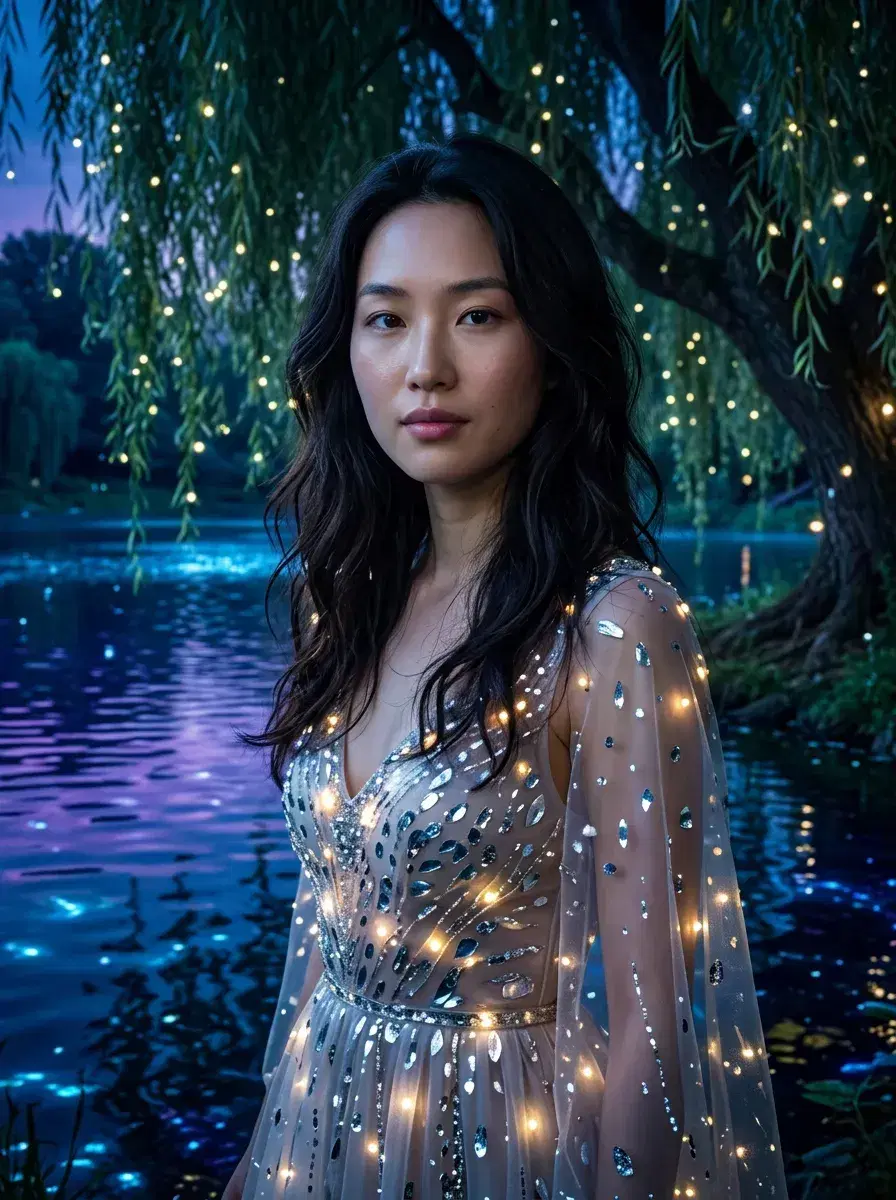 AI AI Fairy Tale Photos — Enchanted Portraits — Person in shimmering outfit beside glowing bioluminescent fairy tale lake at night