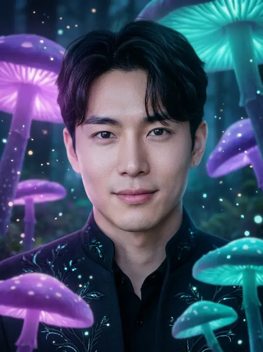 AI AI Fairy Tale Photos — Enchanted Portraits — Person among giant glowing mushrooms in enchanted twilight forest