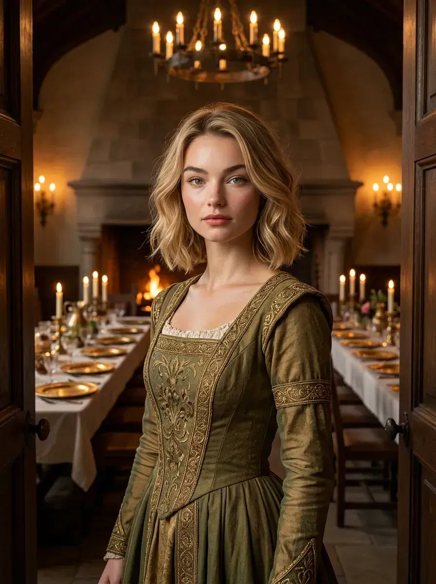 AI AI Fairy Tale Photos — Enchanted Portraits — Person in royal costume in grand fairy tale castle banquet hall doorway