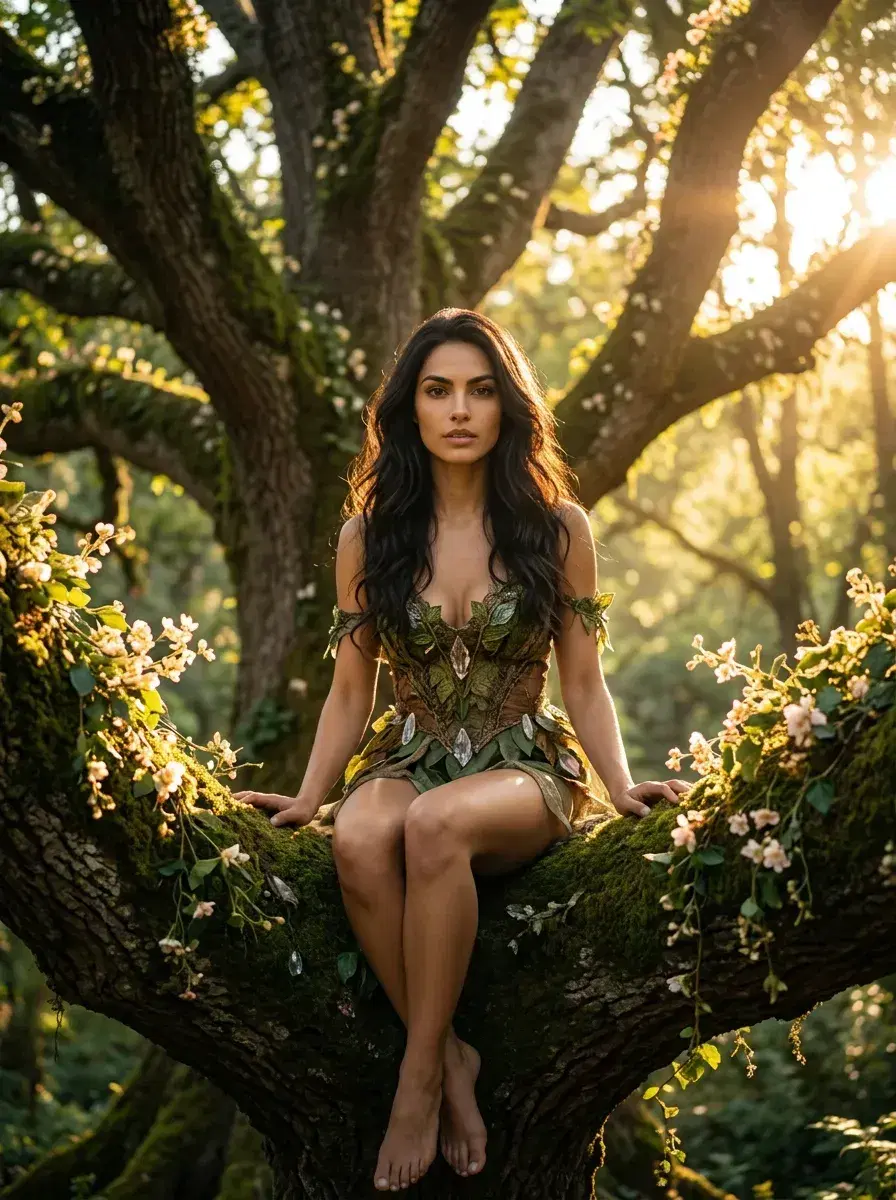 AI AI Fairy Tale Photos — Enchanted Portraits — Person in fairy tale outfit in enormous glowing ancient oak tree at golden hour