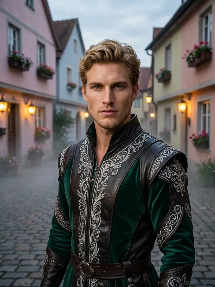 AI AI Fairy Tale Photos — Enchanted Portraits — Person in fantasy costume in glowing lantern-lit fairy tale village at dusk