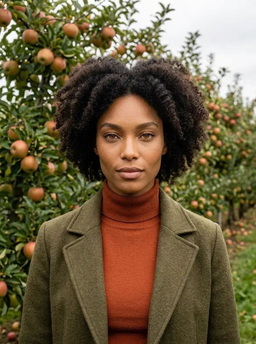 AI AI Fall Photos — Cozy Autumn Vibes — Person in autumn layers standing in a harvest apple orchard with soft overcast light
