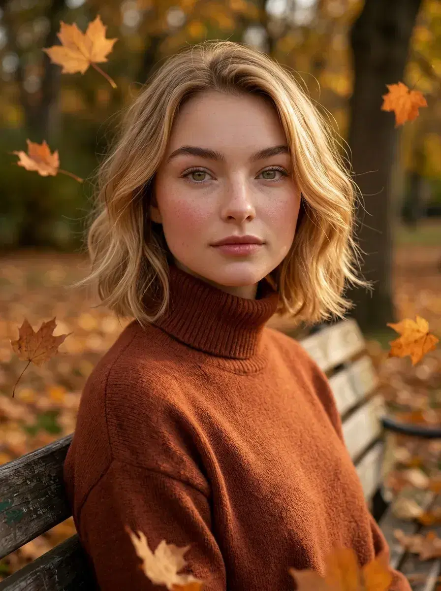 AI AI Fall Photos — Cozy Autumn Vibes — Person in a turtleneck on a park bench surrounded by floating autumn maple leaves