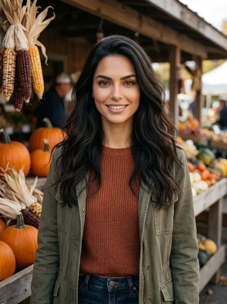 AI AI Fall Photos — Cozy Autumn Vibes — Person at a rustic autumn farmers market surrounded by pumpkins and seasonal produce