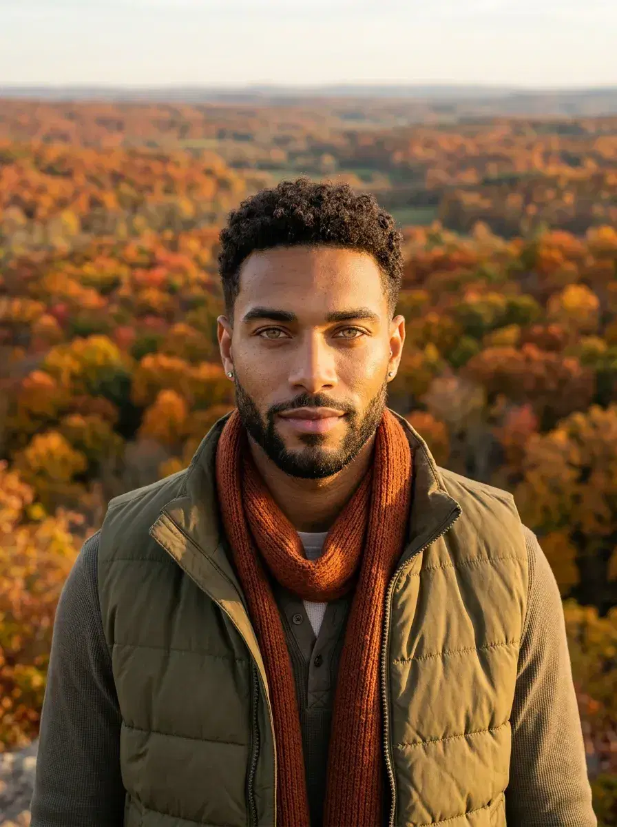 AI AI Fall Photos — Cozy Autumn Vibes — Person on a hilltop overlooking a sweeping valley of peak autumn foliage