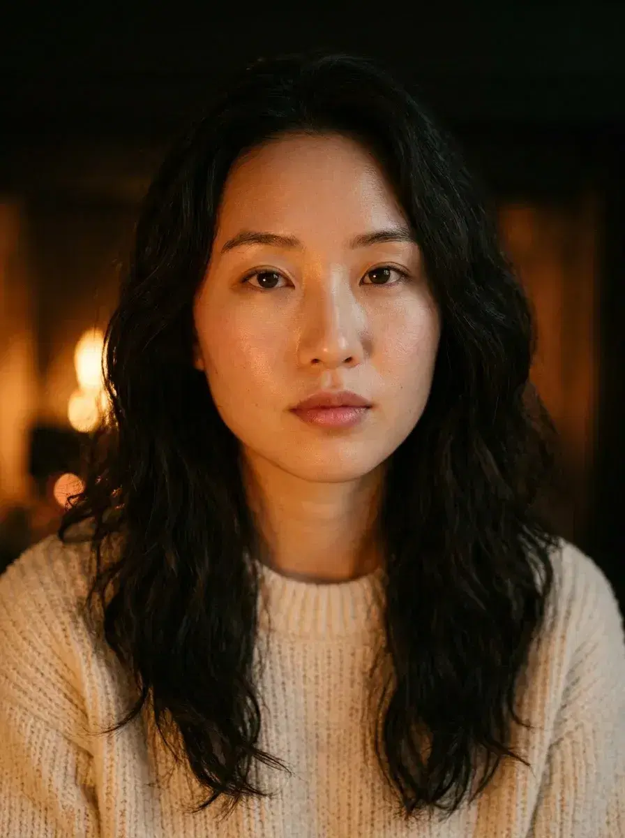 AI AI Fall Photos — Cozy Autumn Vibes — Close-up portrait of a person in knitwear lit by warm candlelight with dark autumn tones