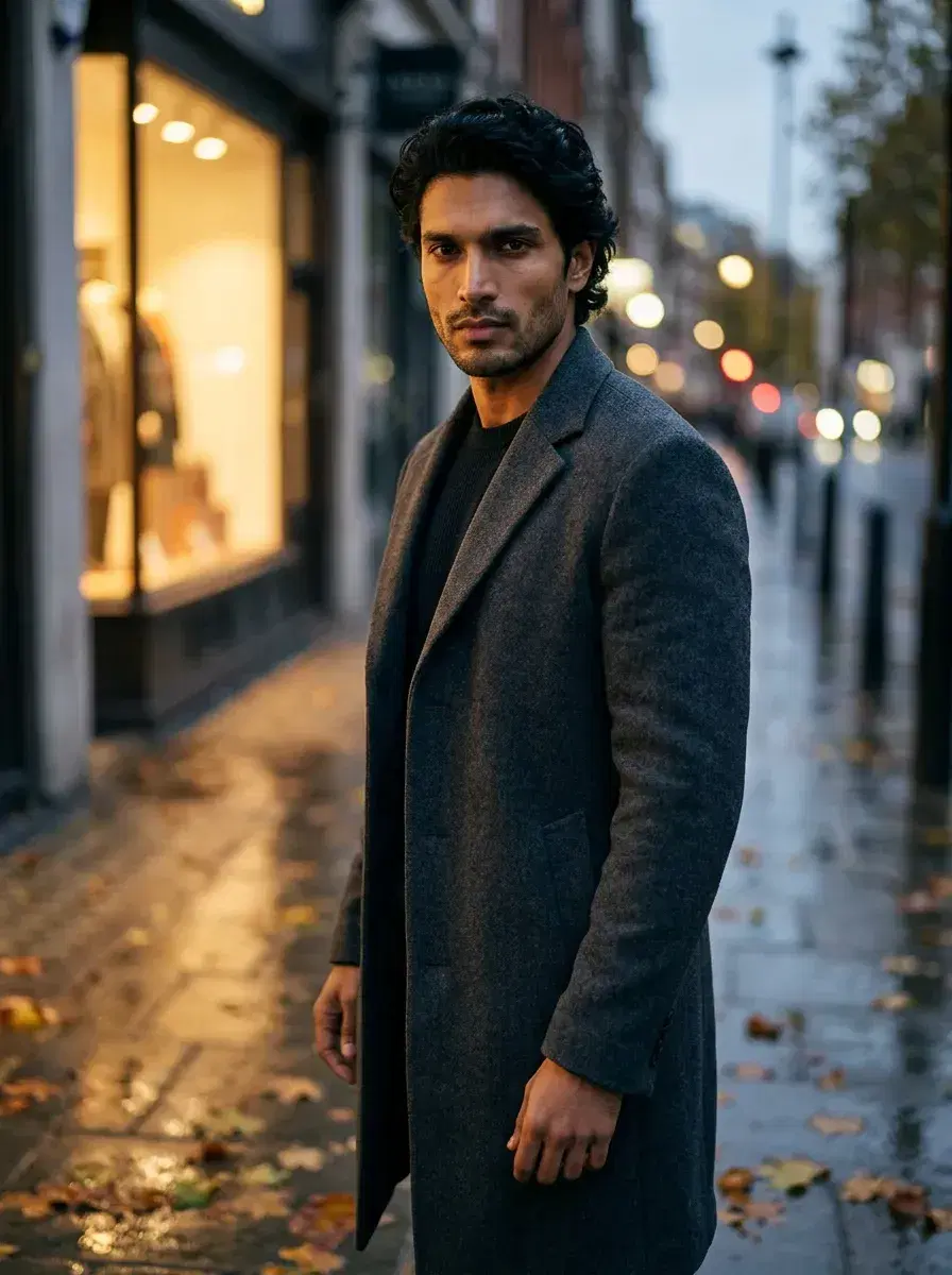 AI AI Fall Photos — Cozy Autumn Vibes — Person in a longline coat on a wet cobblestone city street at dusk surrounded by autumn leaves