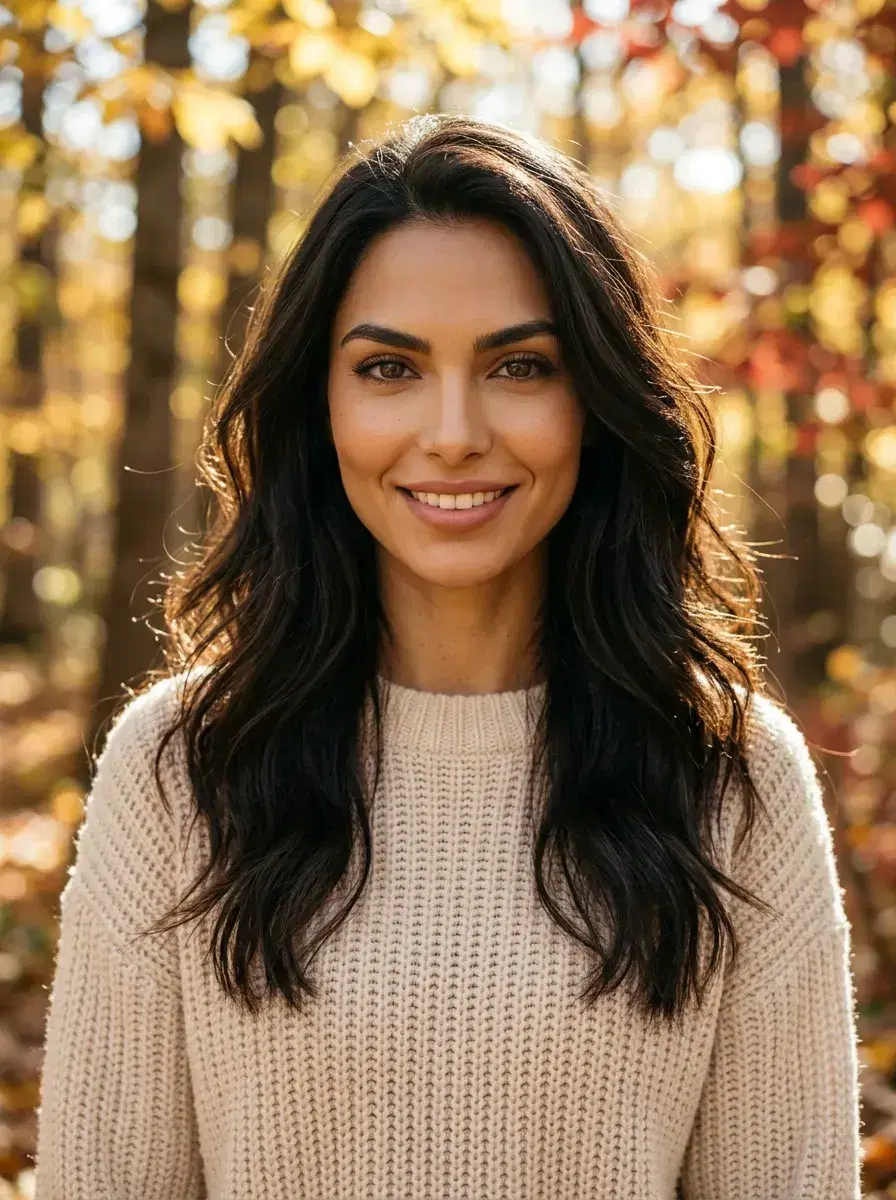 AI AI Fall Photos — Cozy Autumn Vibes — Person in a knit sweater smiling in a golden autumn forest with falling leaves