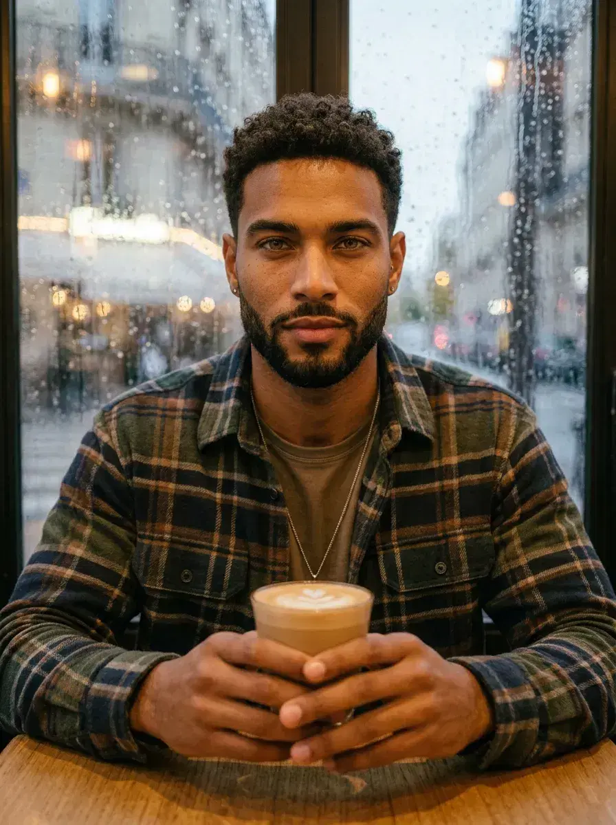 AI AI Fall Photos — Cozy Autumn Vibes — Person holding a latte at a cozy café window on a rainy autumn day