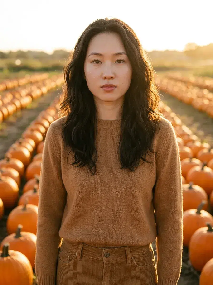 AI AI Fall Photos — Cozy Autumn Vibes — Person in an autumn outfit standing in a pumpkin patch at golden hour