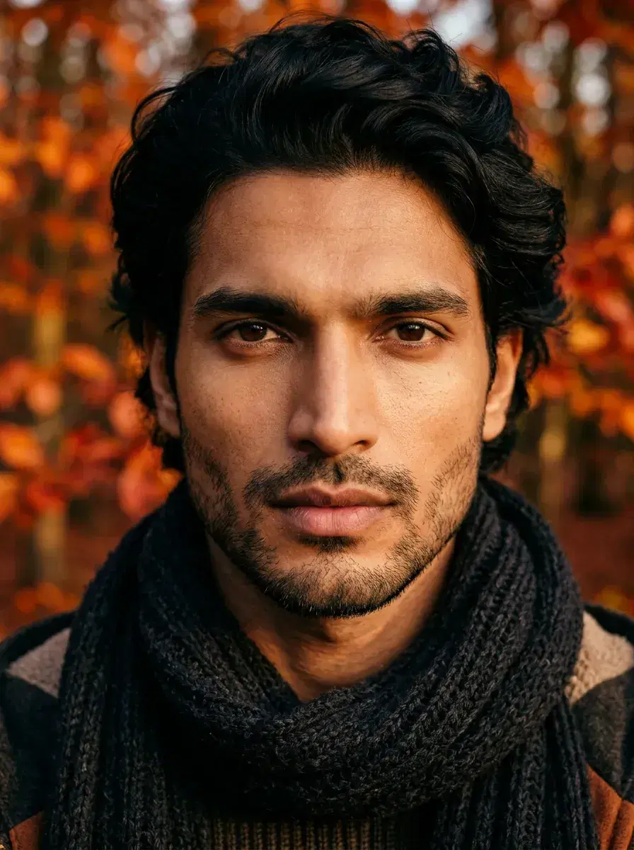 AI AI Fall Photos — Cozy Autumn Vibes — Close-up portrait of a person wrapped in a cozy scarf with autumn foliage bokeh