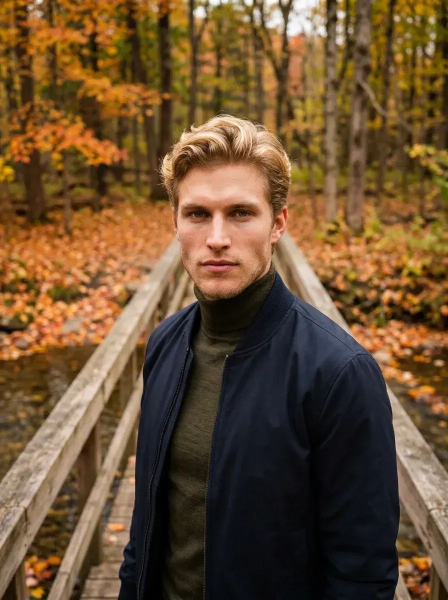 AI AI Fall Photos — Cozy Autumn Vibes — Person on a rustic wooden bridge surrounded by autumn forest and fallen leaves
