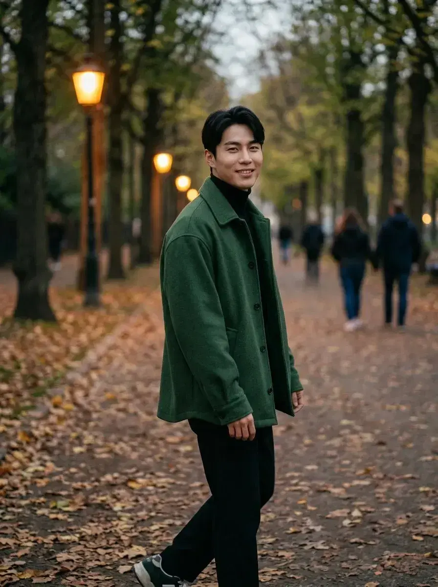 AI AI Fall Photos — Cozy Autumn Vibes — Person in an oversized jacket on a leaf-covered path at dusk with warm streetlights