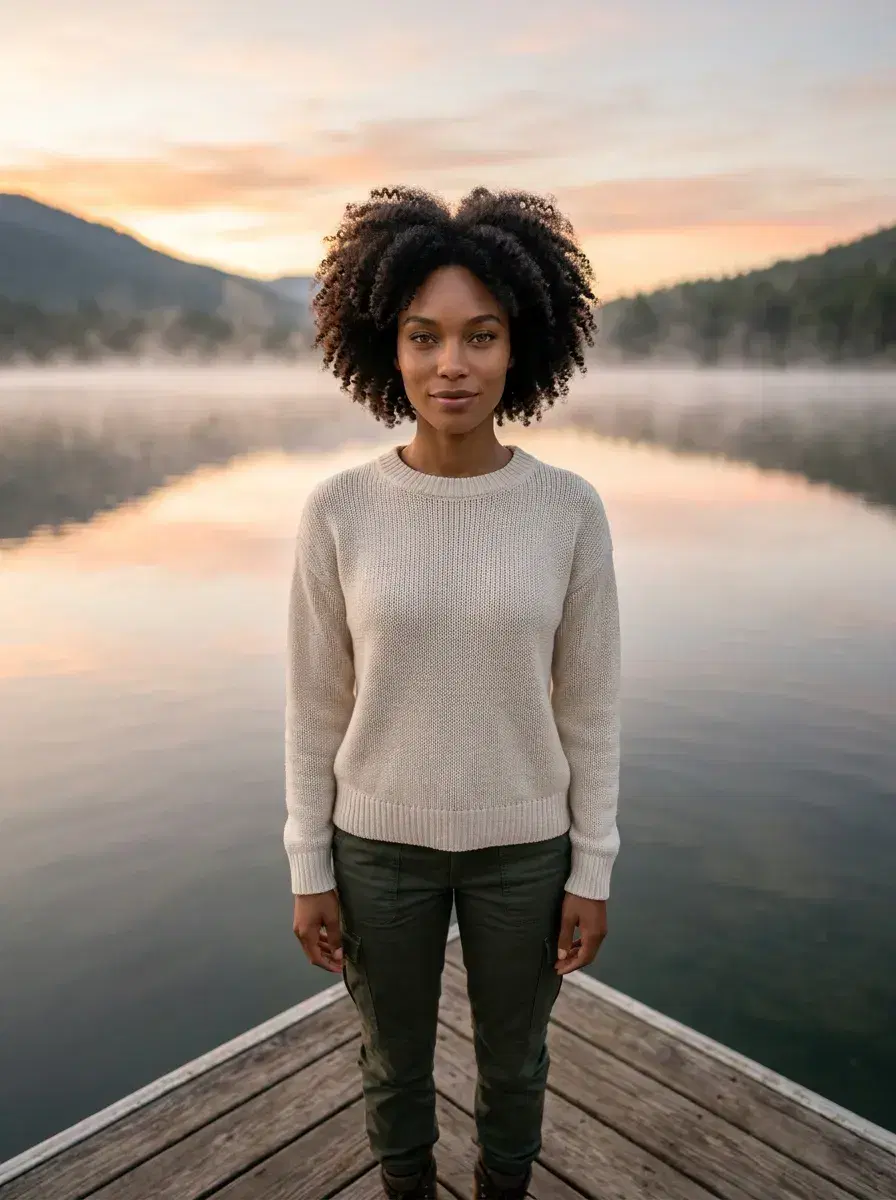 AI AI Father's Day Photos — Heartfelt Portraits — AI Father's Day photo — sunrise lakeside dock portrait, misty mountain backdrop