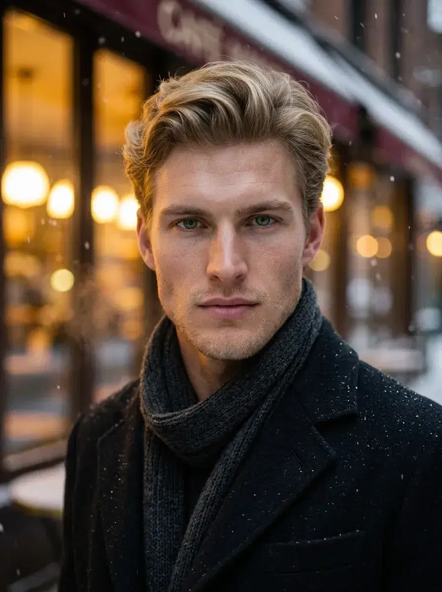 AI AI February Photos — Winter Romance Vibes — Person in turtleneck in front of Valentine's Day heart wall