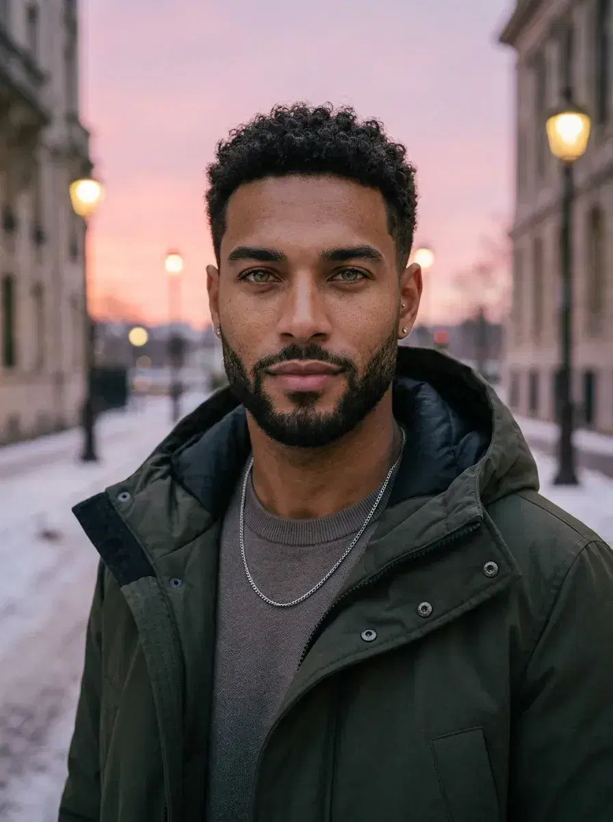 AI AI February Photos — Winter Romance Vibes — Person standing in snowfall for a February photo dump shot