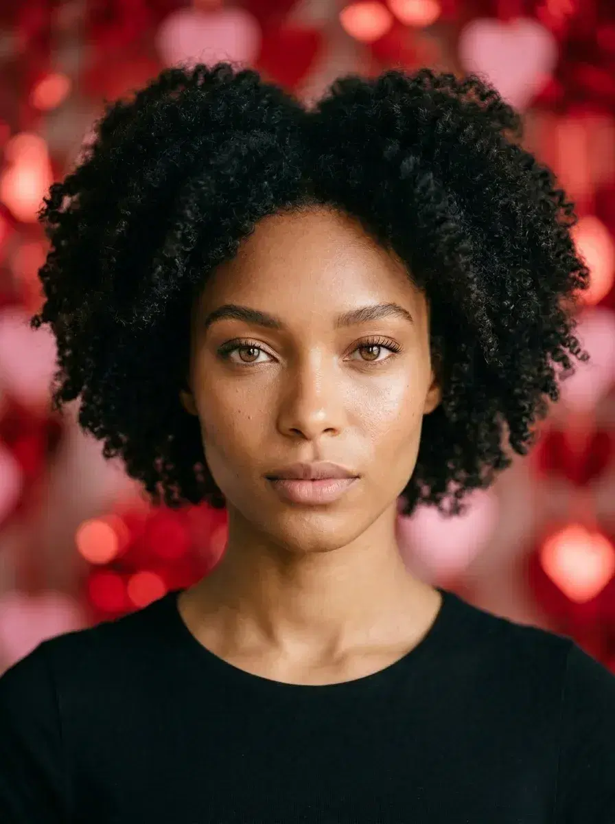 AI AI February Photos — Winter Romance Vibes — Person by frosted Valentine's Day window in cozy hoodie