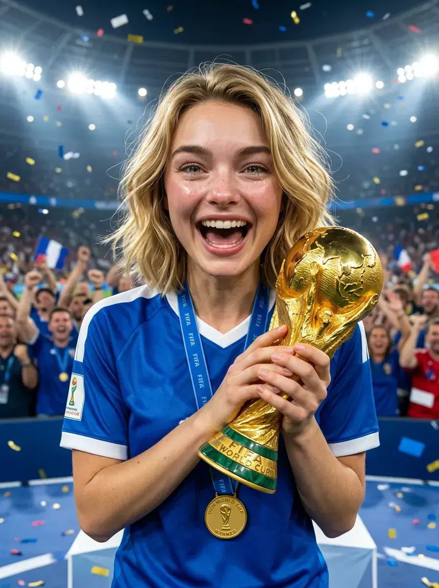 AI AI FIFA World Cup 2026 Photos — Stadium Glory — Person holding FIFA World Cup trophy on podium with gold medal