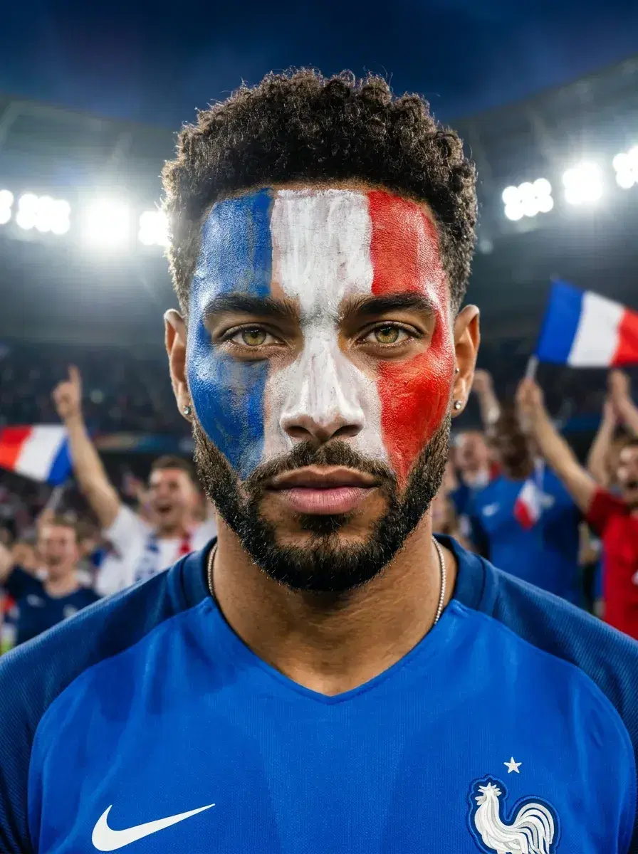 AI AI FIFA World Cup 2026 Photos — Stadium Glory — Close portrait of person in football jersey with face painted in national colours