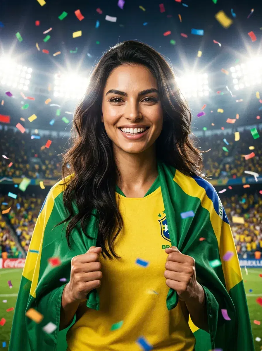 AI AI FIFA World Cup 2026 Photos — Stadium Glory — Person in football kit with national flag draped over shoulders celebrating
