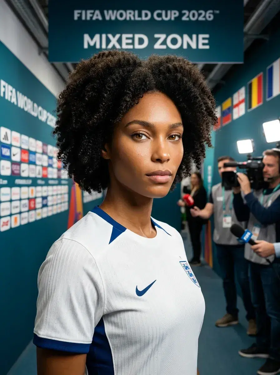 AI AI FIFA World Cup 2026 Photos — Stadium Glory — Person in football kit in World Cup 2026 stadium mixed zone corridor