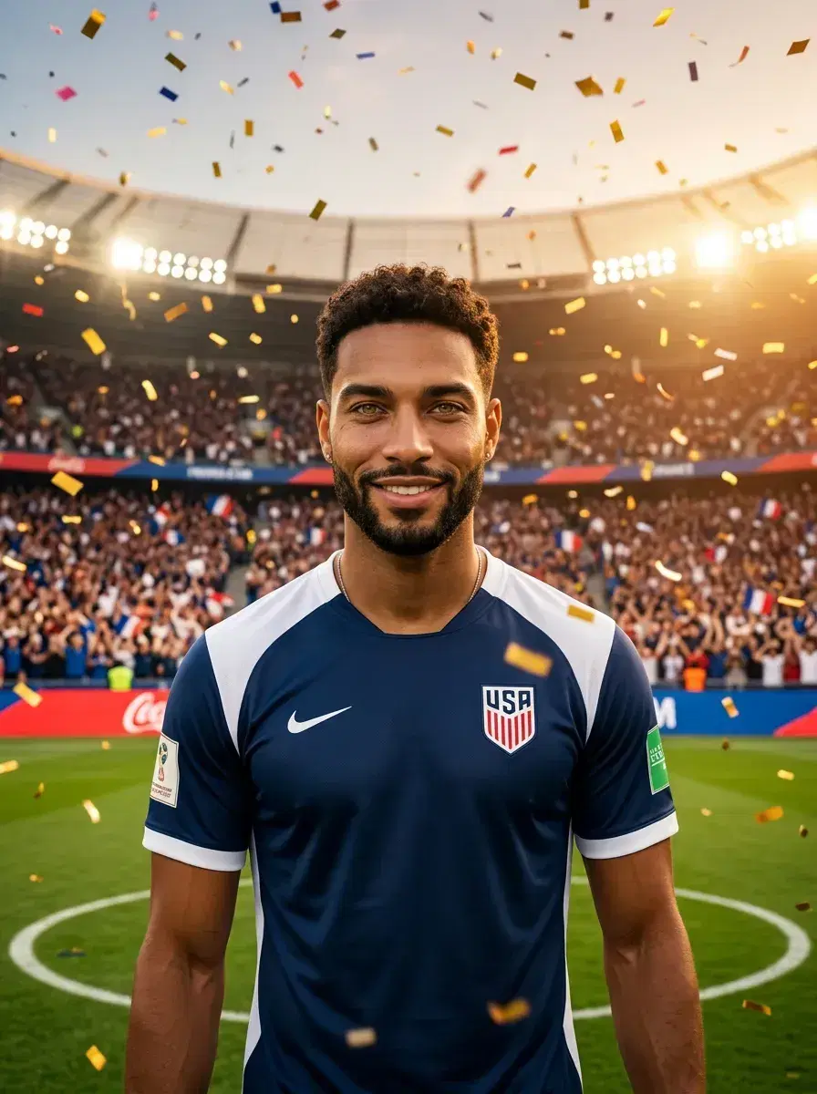 AI AI FIFA World Cup 2026 Photos — Stadium Glory — Person in football kit at World Cup stadium centre circle with confetti