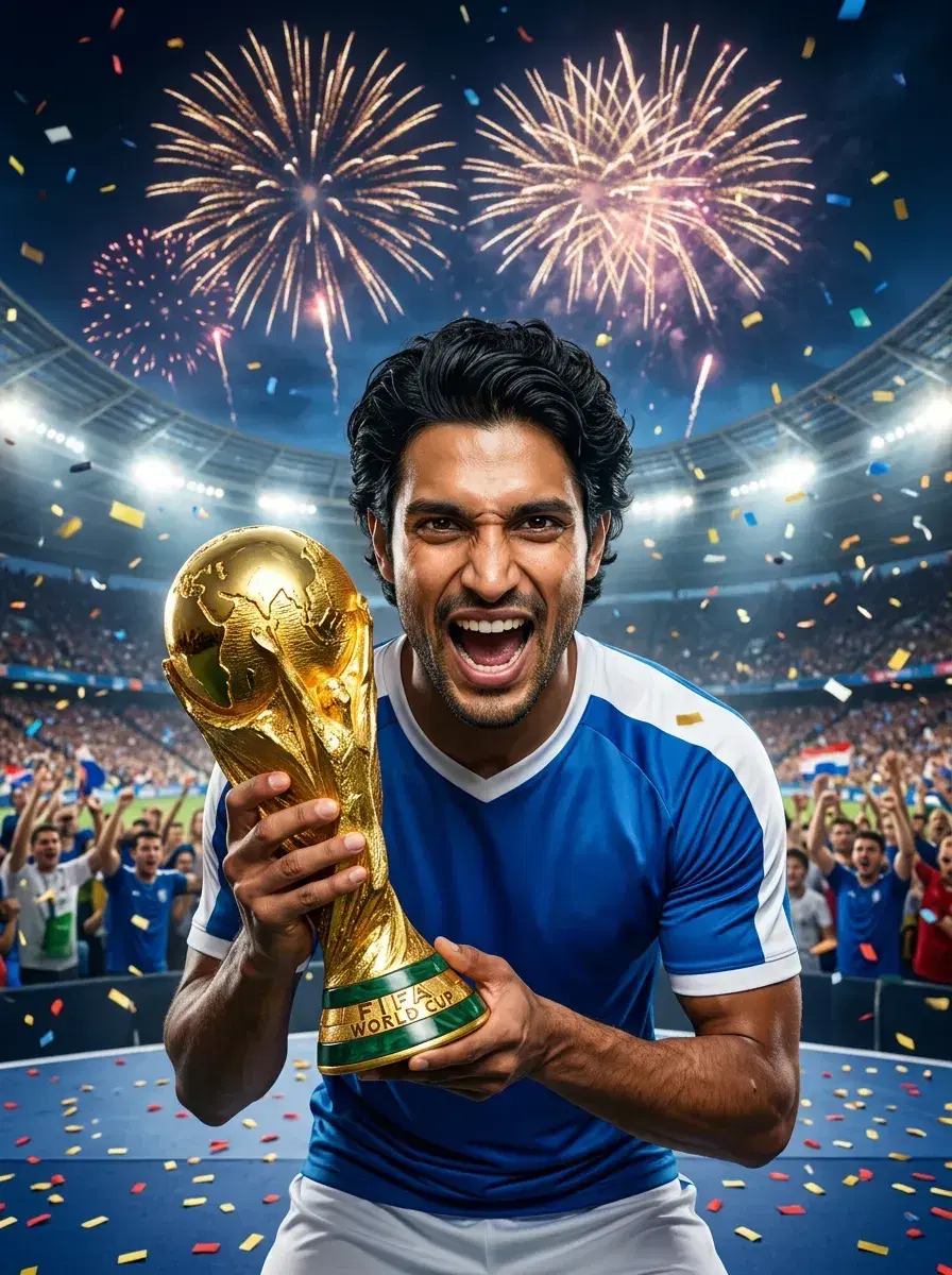 AI AI FIFA World Cup 2026 Photos — Stadium Glory — Person lifting the FIFA World Cup trophy on a podium with fireworks