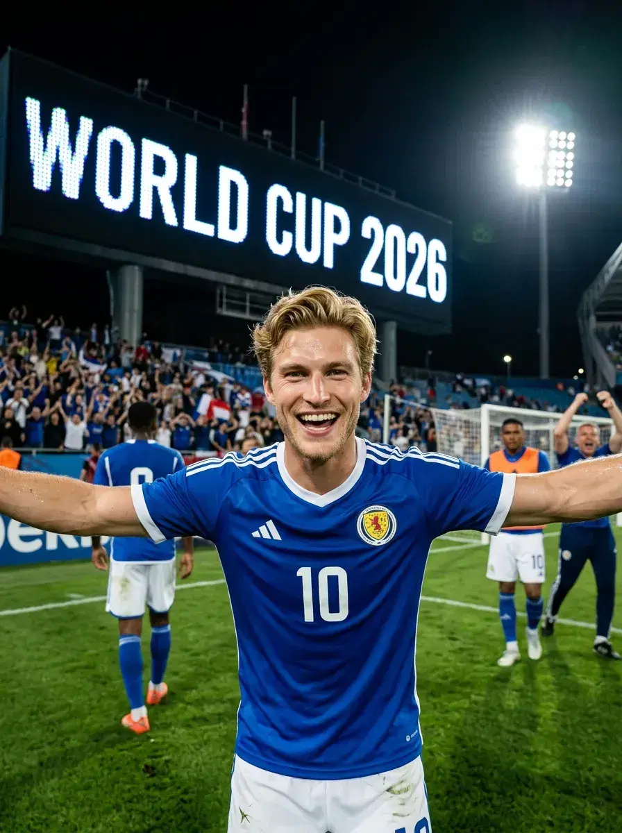AI AI FIFA World Cup 2026 Photos — Stadium Glory — Person celebrating on pitch with World Cup 2026 scoreboard in background