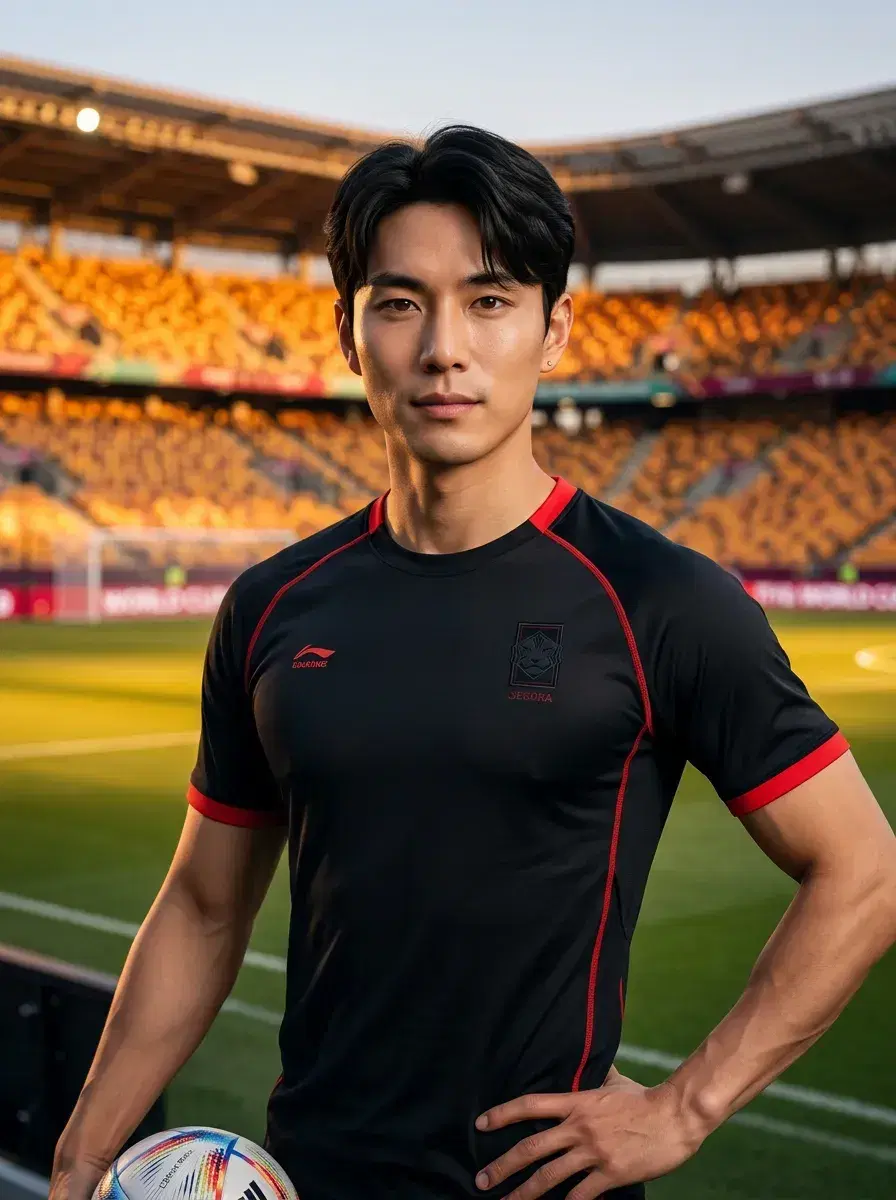 AI AI FIFA World Cup 2026 Photos — Stadium Glory — Person in football training gear at World Cup pitch edge at dusk
