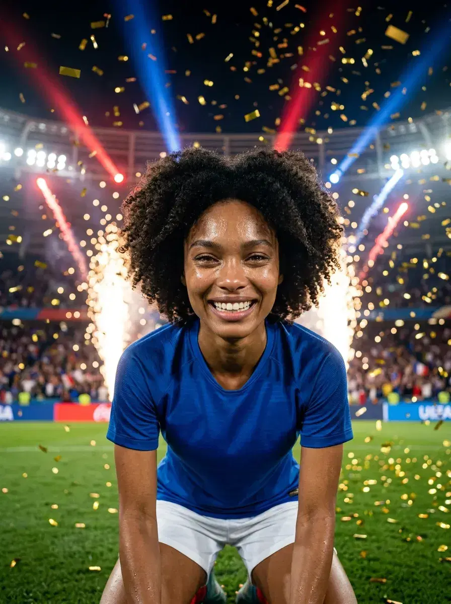 AI AI FIFA World Cup Final Photos — Stadium Glory — Player on knees celebrating final whistle at World Cup Final with stadium pyrotechnics