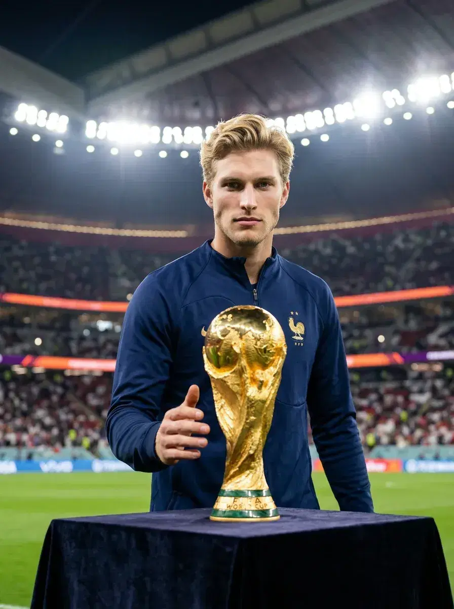 AI AI FIFA World Cup Final Photos — Stadium Glory — Person standing beside the FIFA World Cup trophy at the presentation table under stadium lights