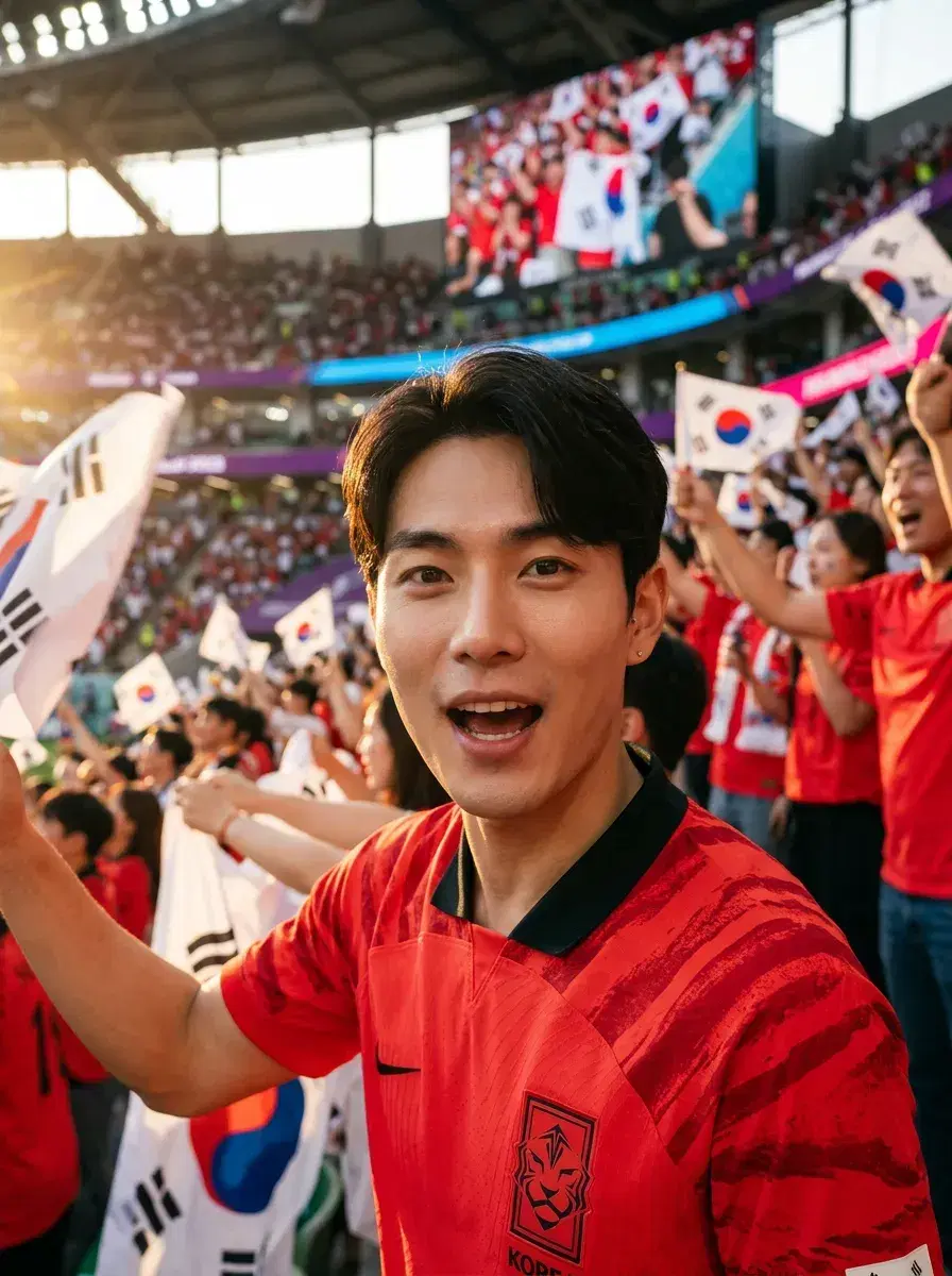 AI AI FIFA World Cup Final Photos — Stadium Glory — Football supporter in World Cup Final stadium stands surrounded by flags and golden hour light