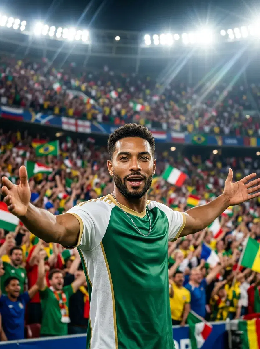 AI AI FIFA World Cup Final Photos — Stadium Glory — Person in football kit arms wide open celebrating in front of World Cup Final crowd