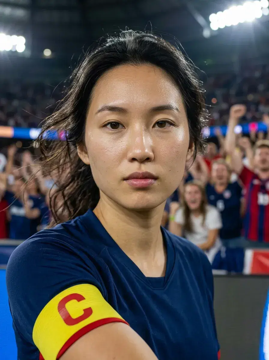 AI AI FIFA World Cup Final Photos — Stadium Glory — Close-up of person wearing national team captain's armband with World Cup stadium glow reflected in eyes