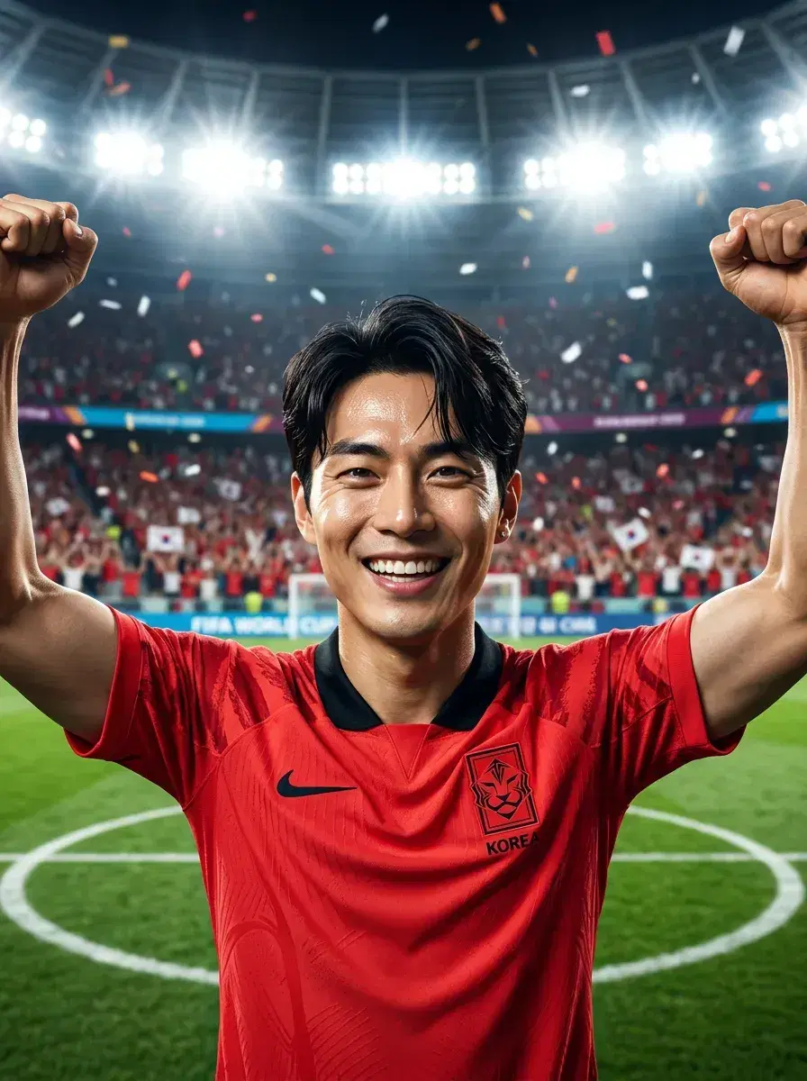 AI AI FIFA World Cup Final Photos — Stadium Glory — Person in football kit celebrating on World Cup Final pitch, arms raised, stadium packed with fans