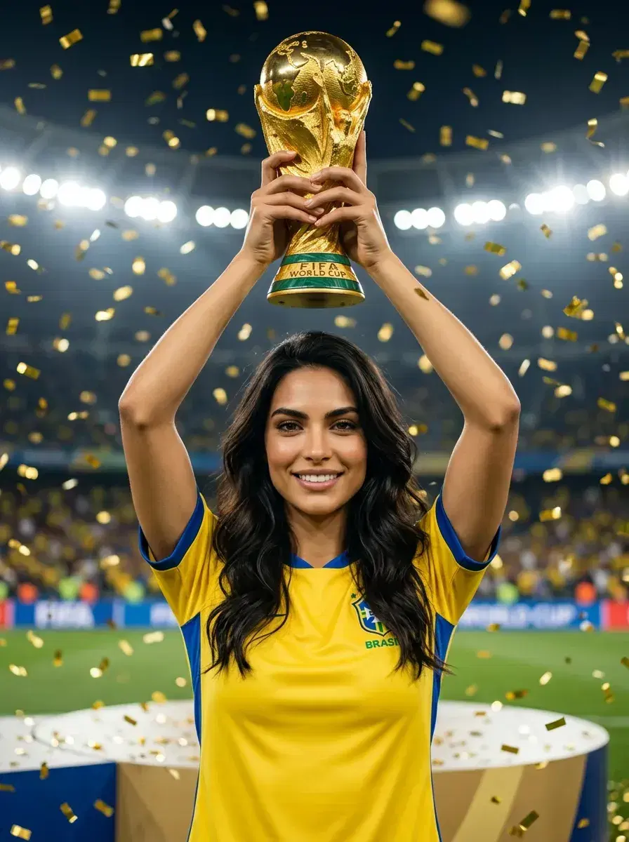 AI AI FIFA World Cup Final Photos — Stadium Glory — Person lifting FIFA World Cup trophy on podium with confetti falling under stadium lights