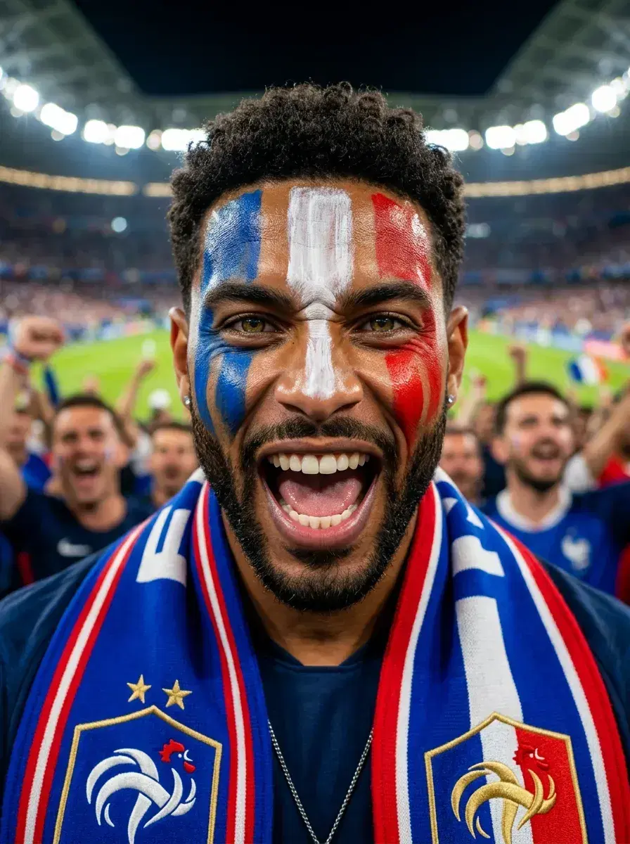 AI AI FIFA World Cup Final Photos — Stadium Glory — Fan close-up with face paint and national scarf glowing under World Cup stadium lights