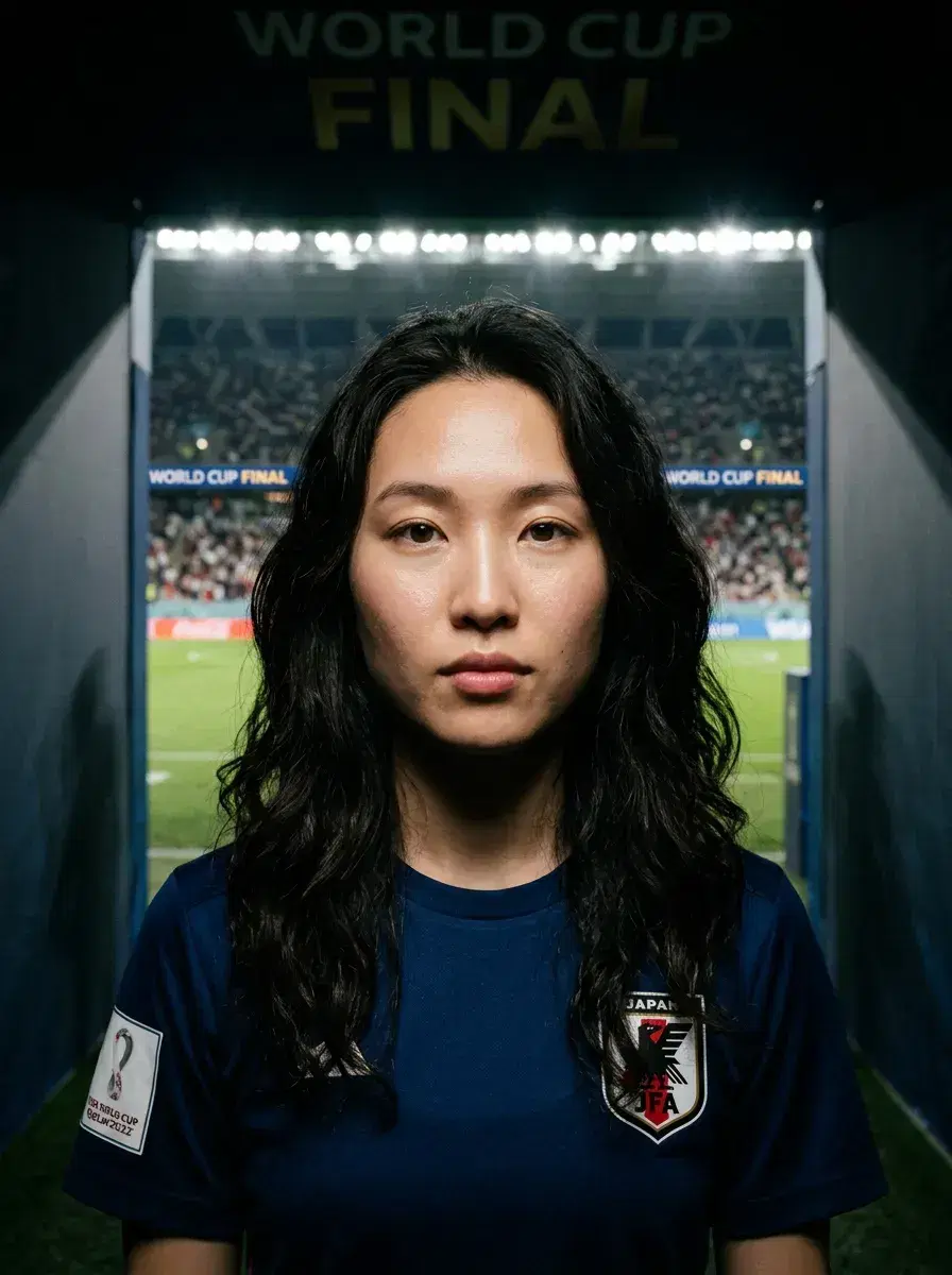 AI AI FIFA World Cup Final Photos — Stadium Glory — Person in football gear in World Cup stadium tunnel, pitch glowing ahead