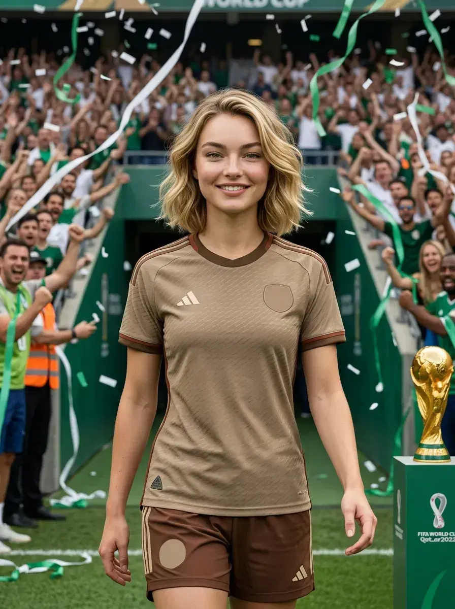 AI AI FIFA World Cup Final Photos — Stadium Glory — Person walking onto World Cup Final pitch through tunnel with ticker tape falling and fans cheering