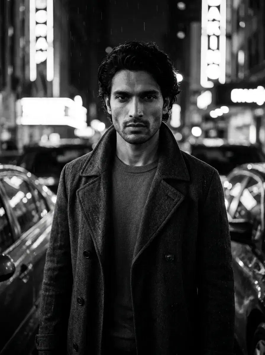AI AI Film Noir Portraits — Dark & Cinematic — Three-quarter AI film noir portrait on a neon-lit rainy street