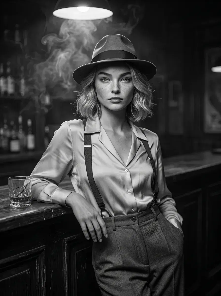 AI AI Film Noir Portraits — Dark & Cinematic — Waist-up AI film noir portrait in a dimly lit 1940s speakeasy