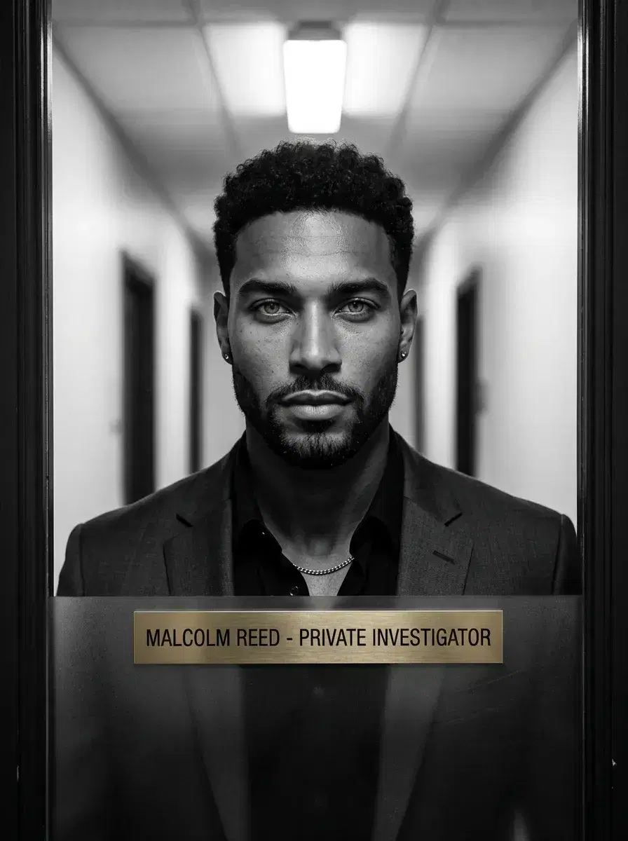 AI AI Film Noir Portraits — Dark & Cinematic — Medium shot AI film noir portrait through a frosted glass detective office door