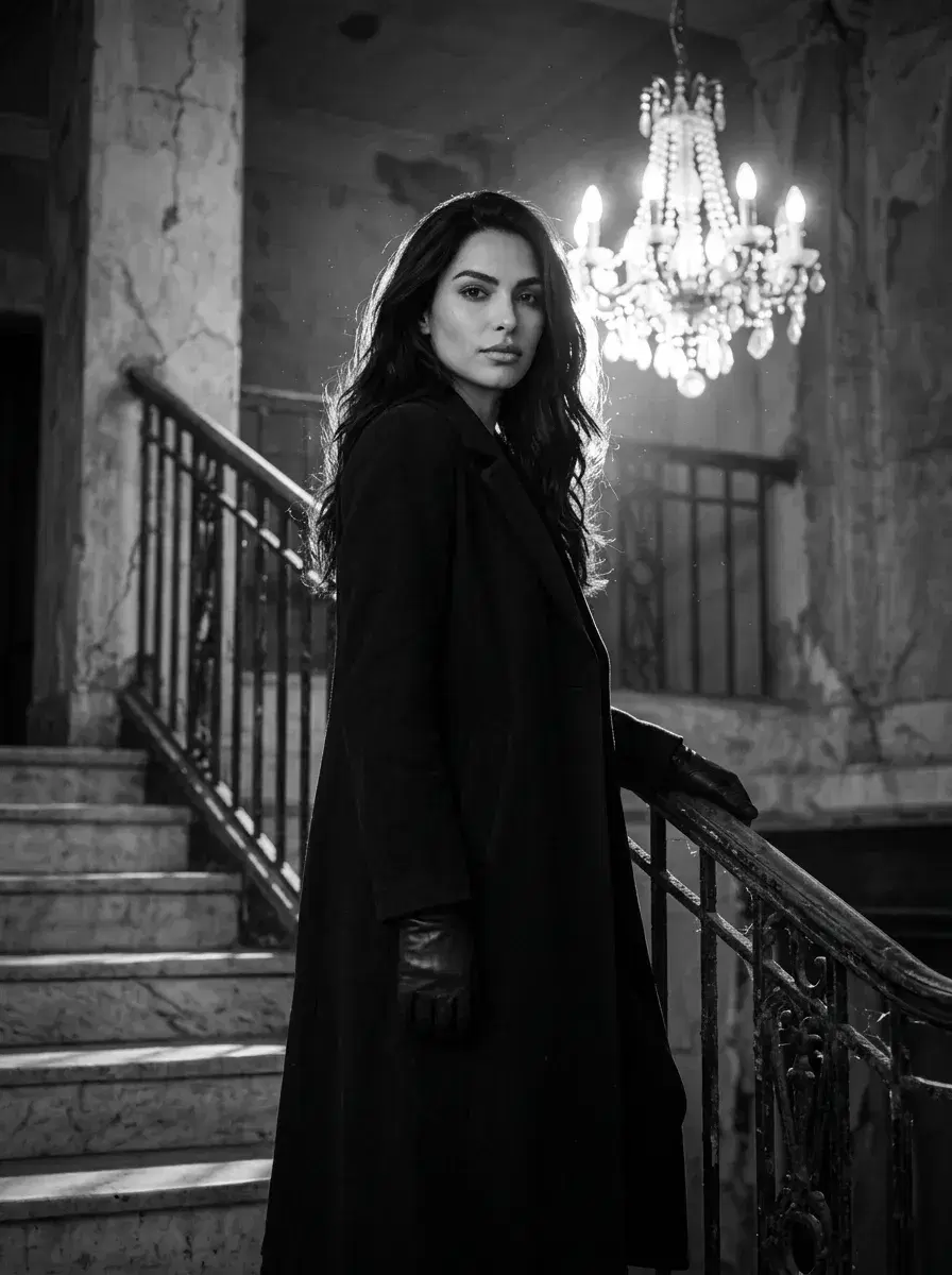 AI AI Film Noir Portraits — Dark & Cinematic — Three-quarter AI film noir portrait descending a grand decaying hotel staircase
