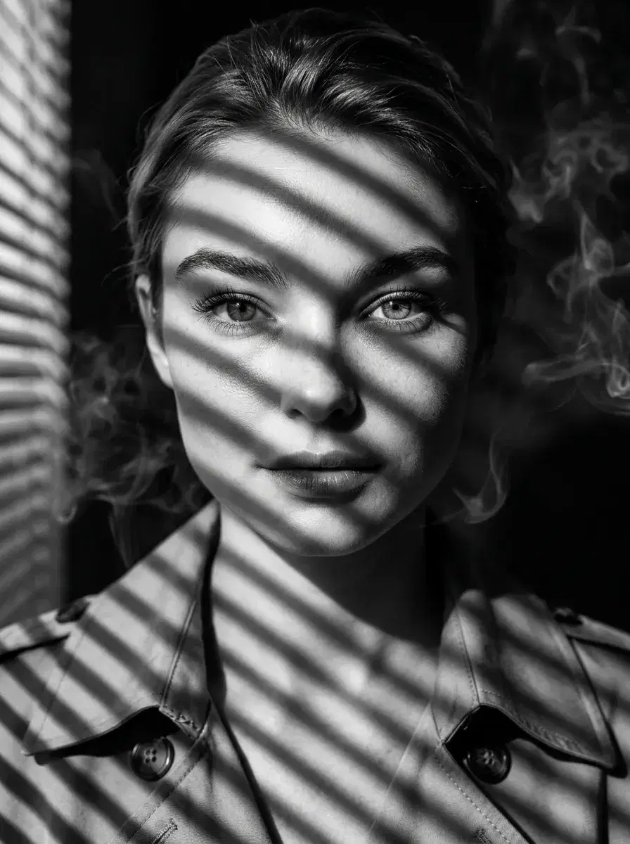 AI AI Film Noir Portraits — Dark & Cinematic — Close-up AI film noir portrait with venetian blind shadows across face