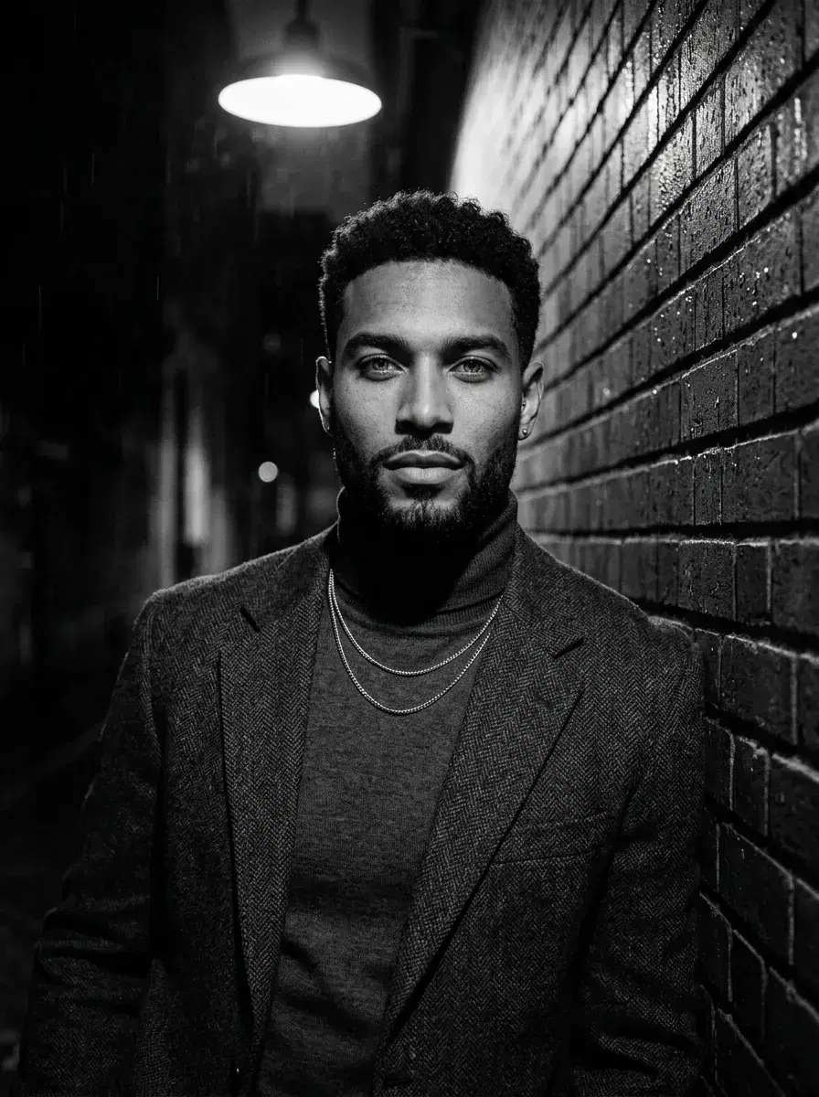 AI AI Film Noir Portraits — Dark & Cinematic — Waist-up AI film noir portrait in a rain-slicked dark alley