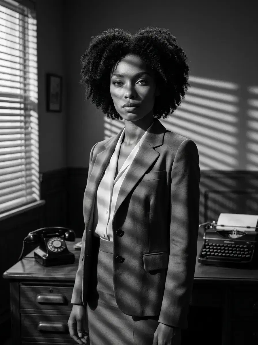 AI AI Film Noir Portraits — Dark & Cinematic — Three-quarter AI film noir portrait in a moody 1940s office