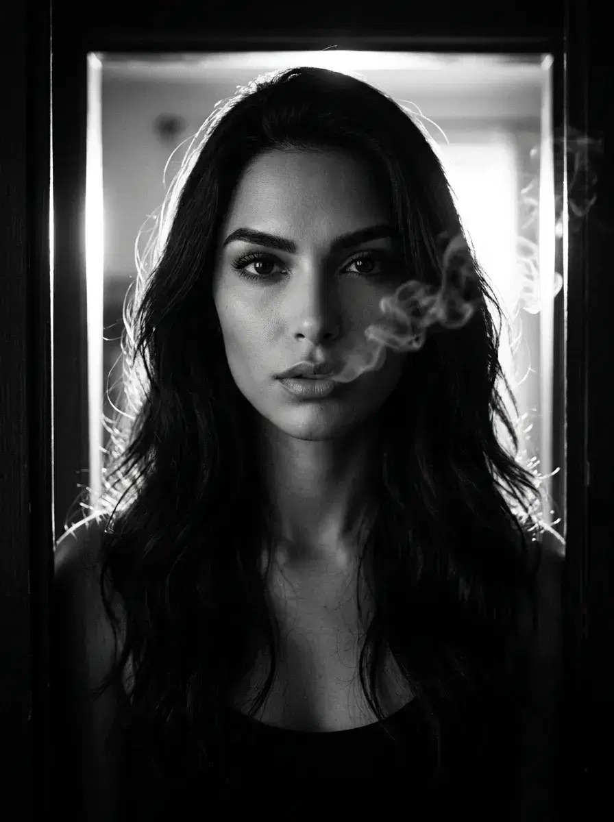 AI AI Film Noir Portraits — Dark & Cinematic — Chest-up AI film noir portrait backlit in a doorway with smoke