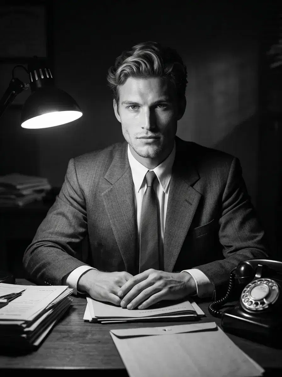 AI AI Film Noir Portraits — Dark & Cinematic — Medium shot AI film noir portrait seated in a detective's office