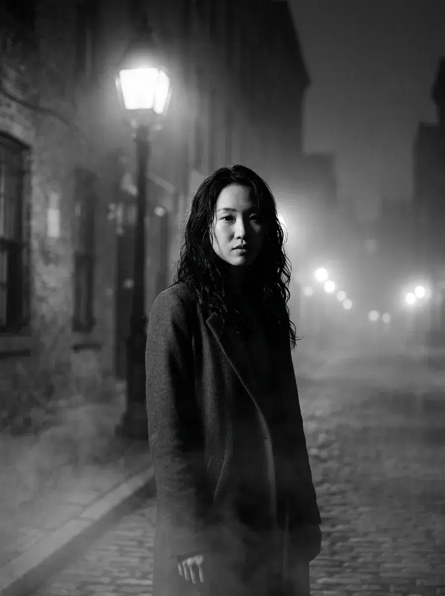 AI AI Film Noir Portraits — Dark & Cinematic — Waist-up AI film noir portrait under a foggy street lamp at night